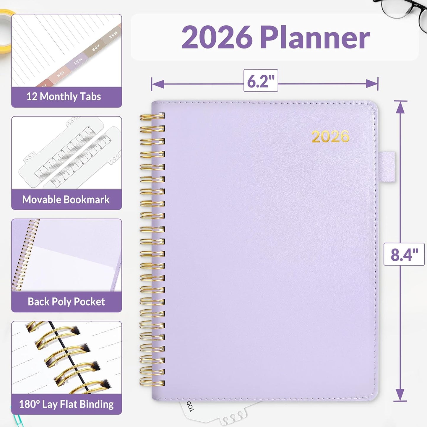 SUNEE 2026 Weekly & Monthly Planner 6.4"x8.5"- 12 Month (January 2026 - December 2026), Vegan Leather Cover, Pocket, Bookmark, Notes, Monthly Tab, Purple