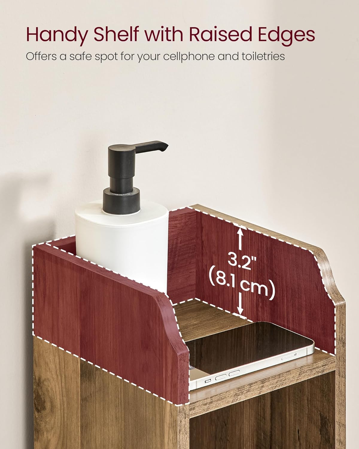 VASAGLE Small Storage Corner Floor Cabinet with Door, 7.9 x 7.1 x 31.5 Inches, Narrow Toilet Paper Storage Holder, Adjustable Shelves, for Bathroom, Living Room, Small Spaces, Honey Brown UBBK310K01