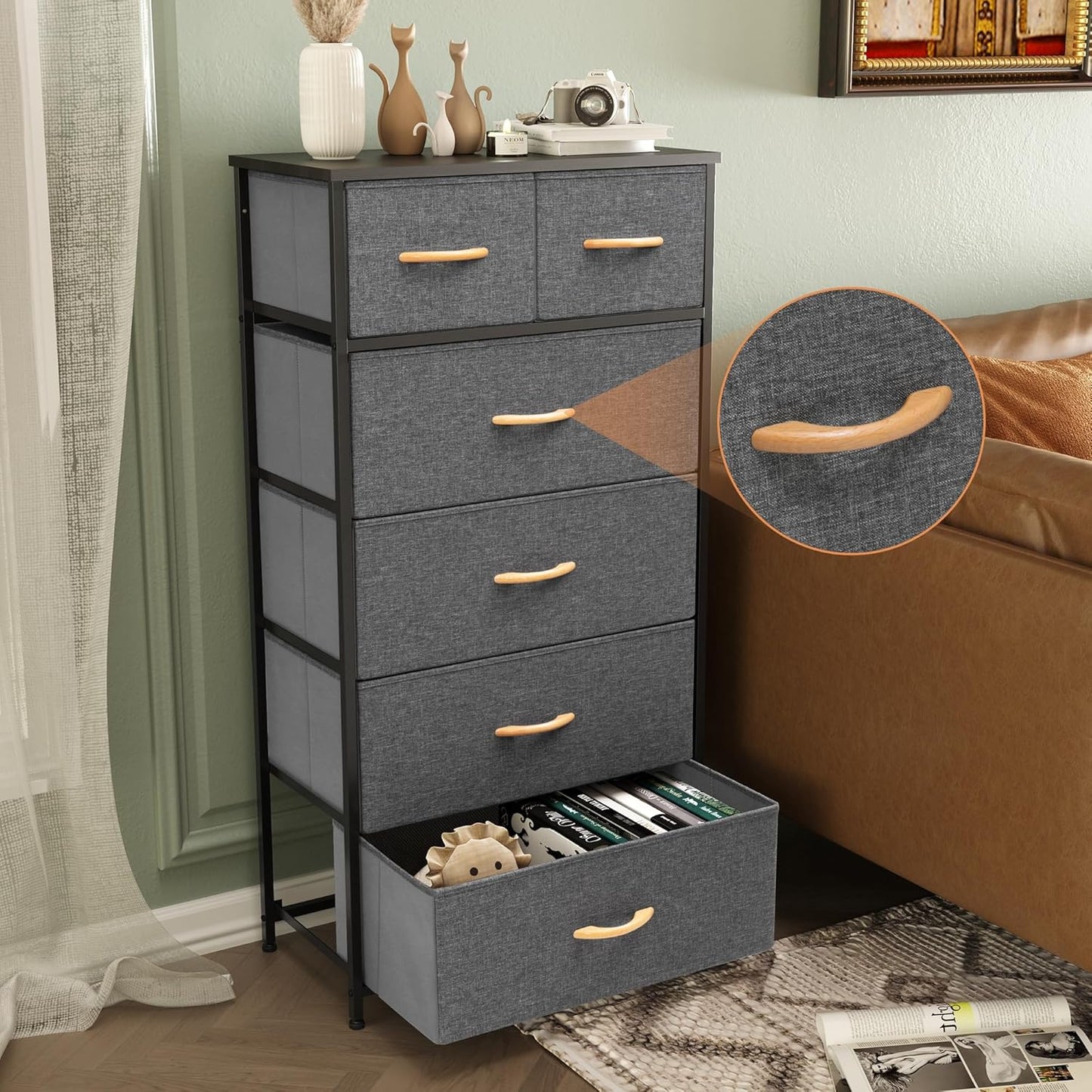 Fabric Dresser for Bedroom, Tall Skinny Dresser with 6 Drawers, Storage Organizer Tower, Steel Frame Wooden Top for Closet, Living Room, Hallway, Nursery(Grey)