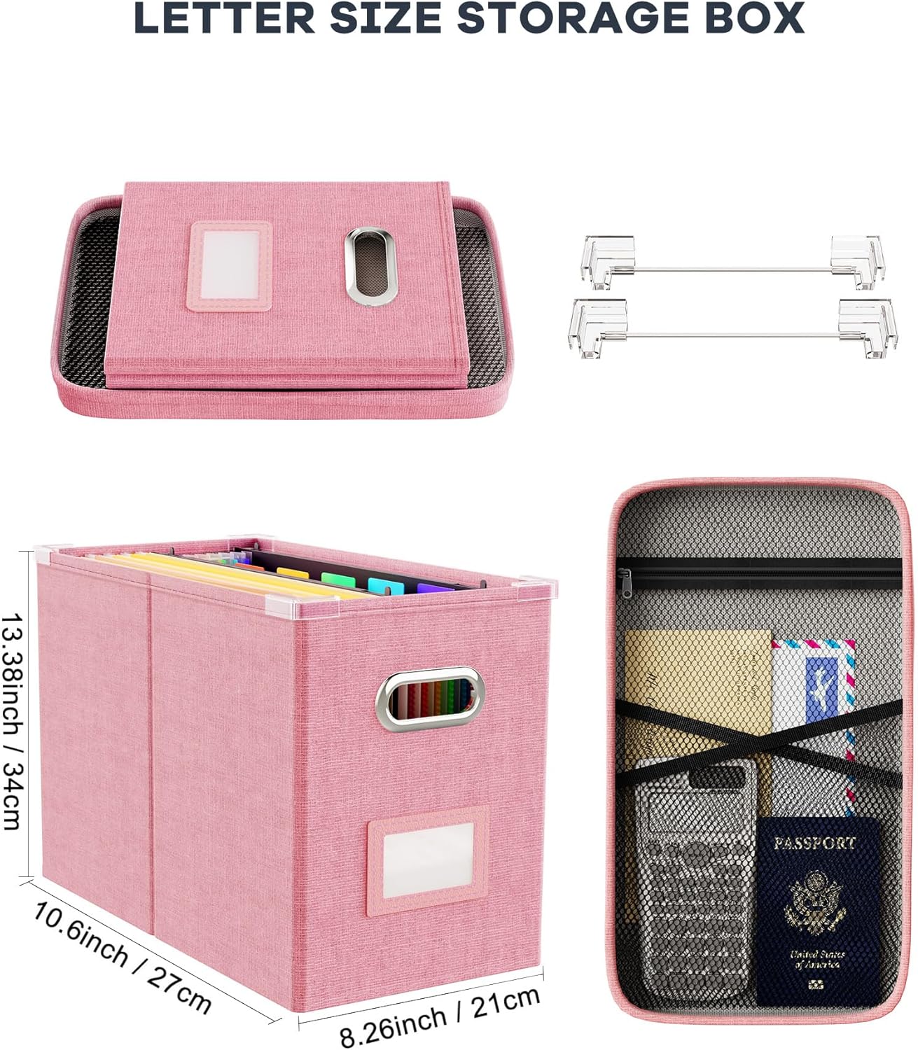 Oterri File Organizer Box with Lid, Hanging Filing File Box with Mesh Pocket, Document Organizer Box for Letter Files, Portable Storage Box with Smooth Sliding Rail for Office&Home (1 PCS, Pink)