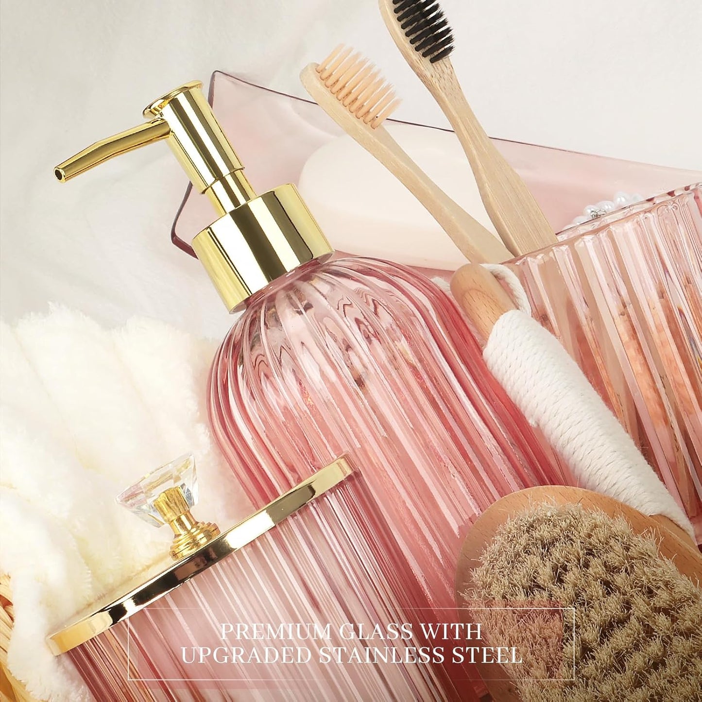 Designer Pink Glass Bathroom Accessories Sets - 4 Pcs with Lotion Soap Dispenser, Bathroom Toothbrush Holder, Vanity Tray, and Apothecary Jar, Vintage Bathroom Decor