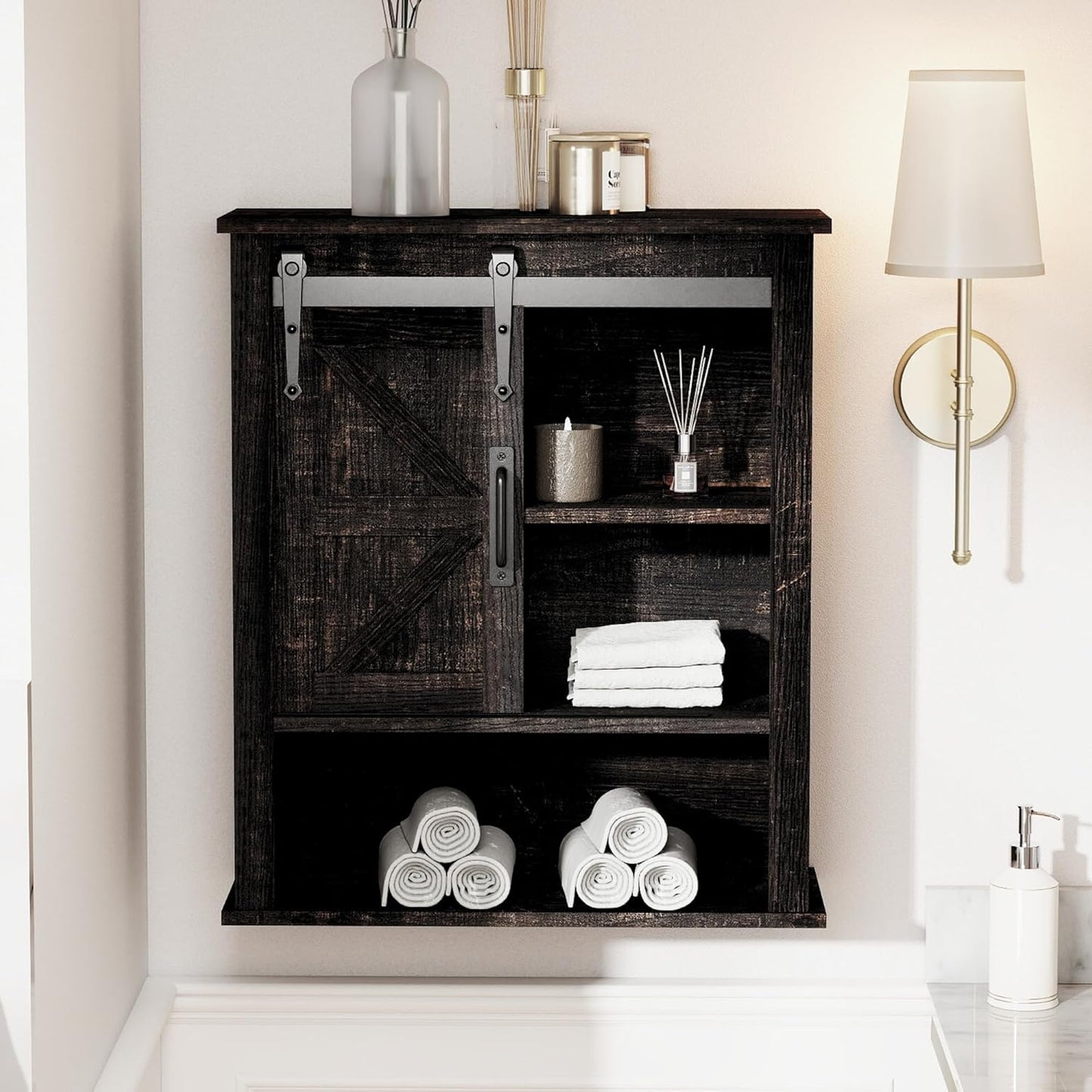 28" Wall Cabinet, Wooden Medicine Cabinet Adjustable Shelves, Over Toilet Storage Cabinet with Sliding Barn Door for Bathroom/Kitchen/Laundry, Black