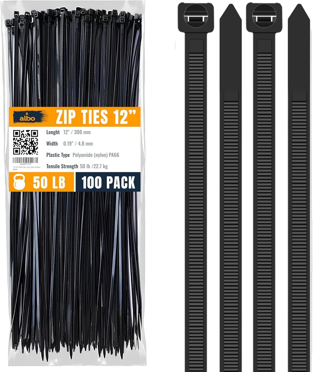 ALBO Black Zip Ties 12 Inch Long Zip Ties Plastic Cable Ties Thick 0.19 Inch 100 Pack Tie Wraps Heavy Duty 50lb UV Resistant Nylon Wire Ties for Indoor and Outdoor
