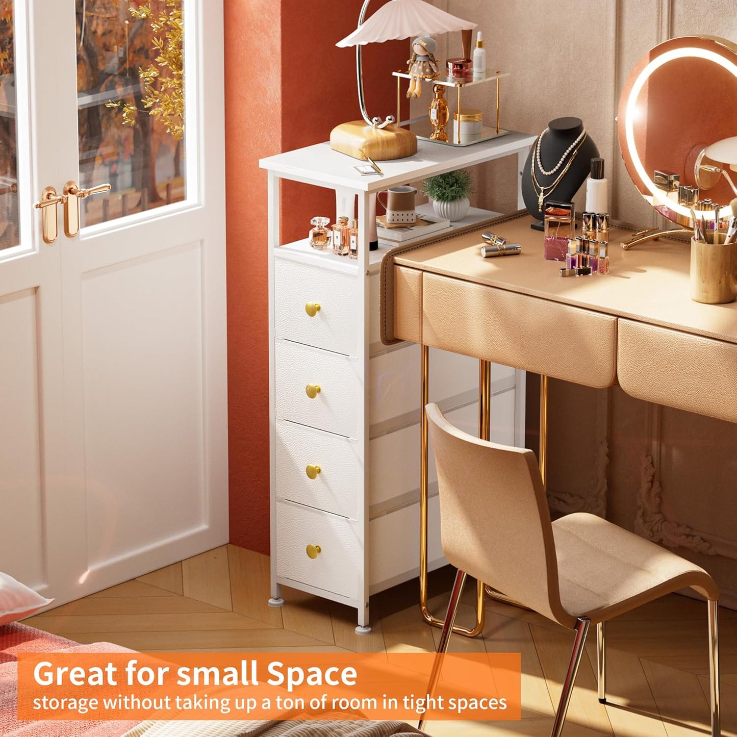 Narrow Dresser for Bedroom, Vertical Chest of Drawers with Shelf & 4 Drawers, Slim Dresser Storage Tower with Wood Top, Sturdy Frame, Leather Faux for Narrow Space, Bathroom&Laundry(White)