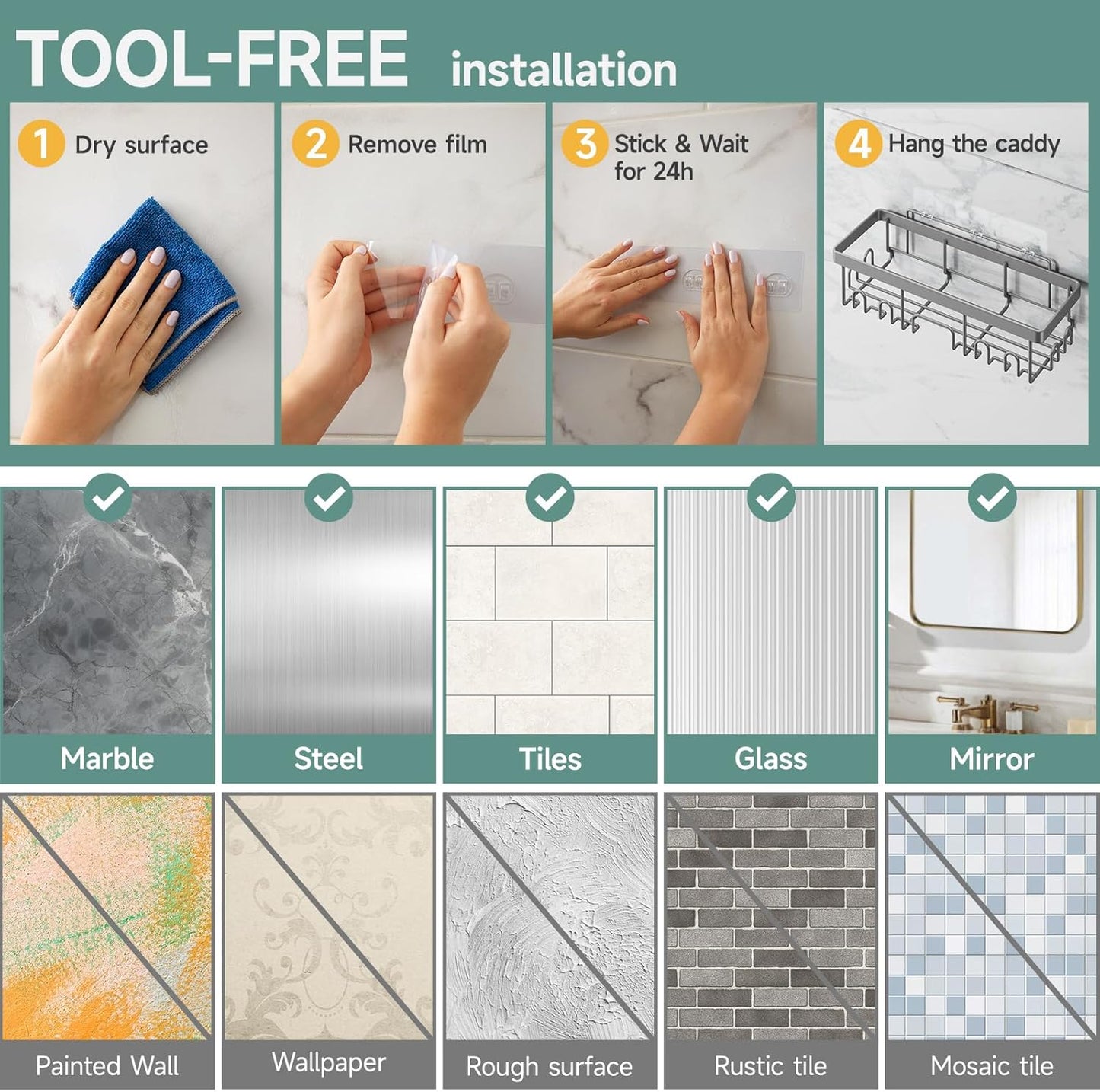 Veken Adhesive Shower Caddy 5-Pack,Heavy Weight Bearing,Large Wall Mounted Shower Shelves Rack,Organizer Storage Accessories with Soap Dish&Toothbrush Holder,Ideal for Bathroom,Home&Kitchen,Light Grey