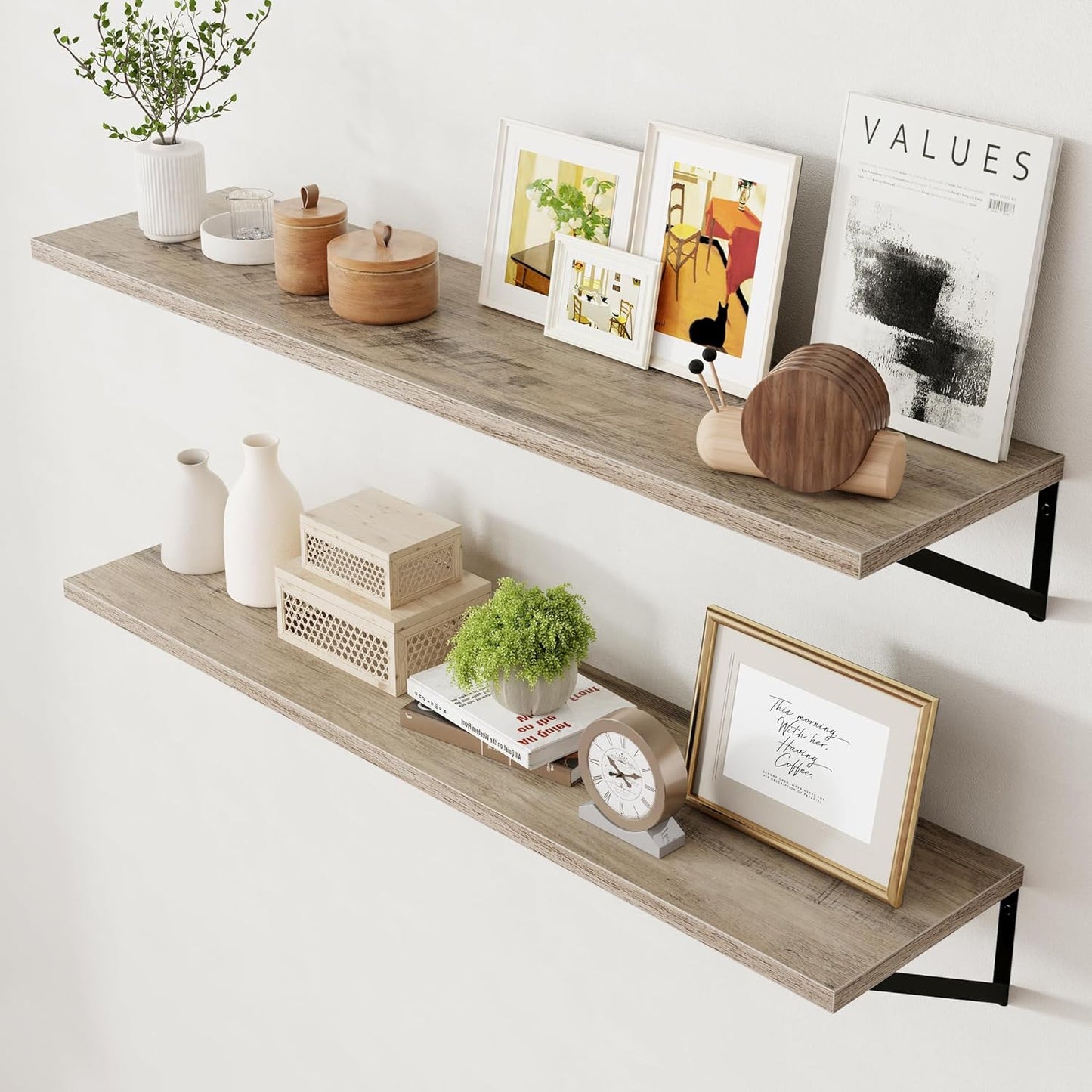 Axeman 12 Inch Deep Floating Shelves for Wall - 48 Inch Wide x 12 Inch Deep Wall Shelves Set of 2 - Rustic Grey Wood Floating Shelves for Living Room