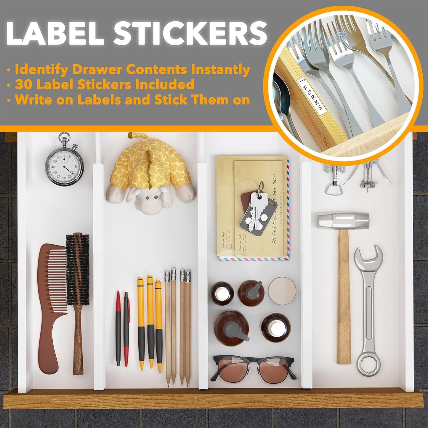 SpaceAid 4 Pack Bamboo Drawer Dividers with Labels, Kitchen Adjustable Drawer Organizers, Expandable Organization for Home Clothes Dressers (17-22 in, White)