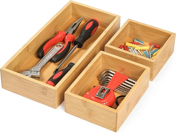 Bamboo Drawer Organizers Set, 3PCS Multi-Use Wood Storage Organizers, Desk Drawer Tray for Kitchen, Bathroom, Office, Dresser, Bamboo Box Bin for Jewelry, Makeup, Junk, Gadgets