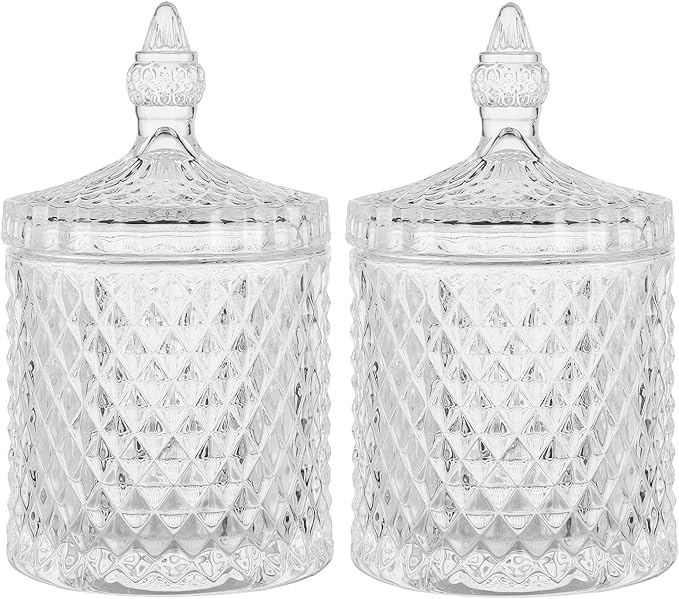 rejomiik Qtip Holder Glass Apothecary Jars with Lid Bathroom Accessories Vanity Organizers and Makeup Storage for Cotton Swabs, Makeup Sponges, Candy, Jewelry, 2 Pack Large Clear