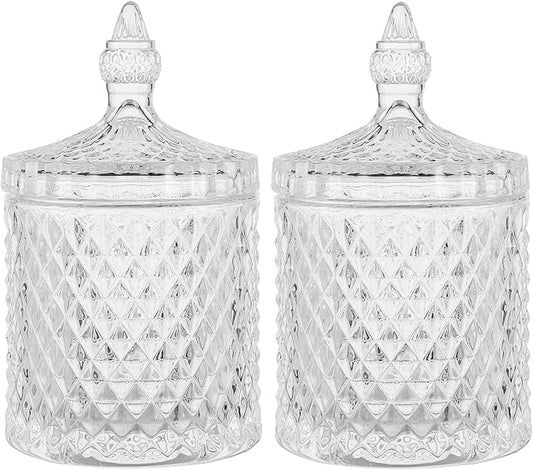 rejomiik Qtip Holder Glass Apothecary Jars with Lid Bathroom Accessories Vanity Organizers and Makeup Storage for Cotton Swabs, Makeup Sponges, Candy, Jewelry, 2 Pack Large Clear