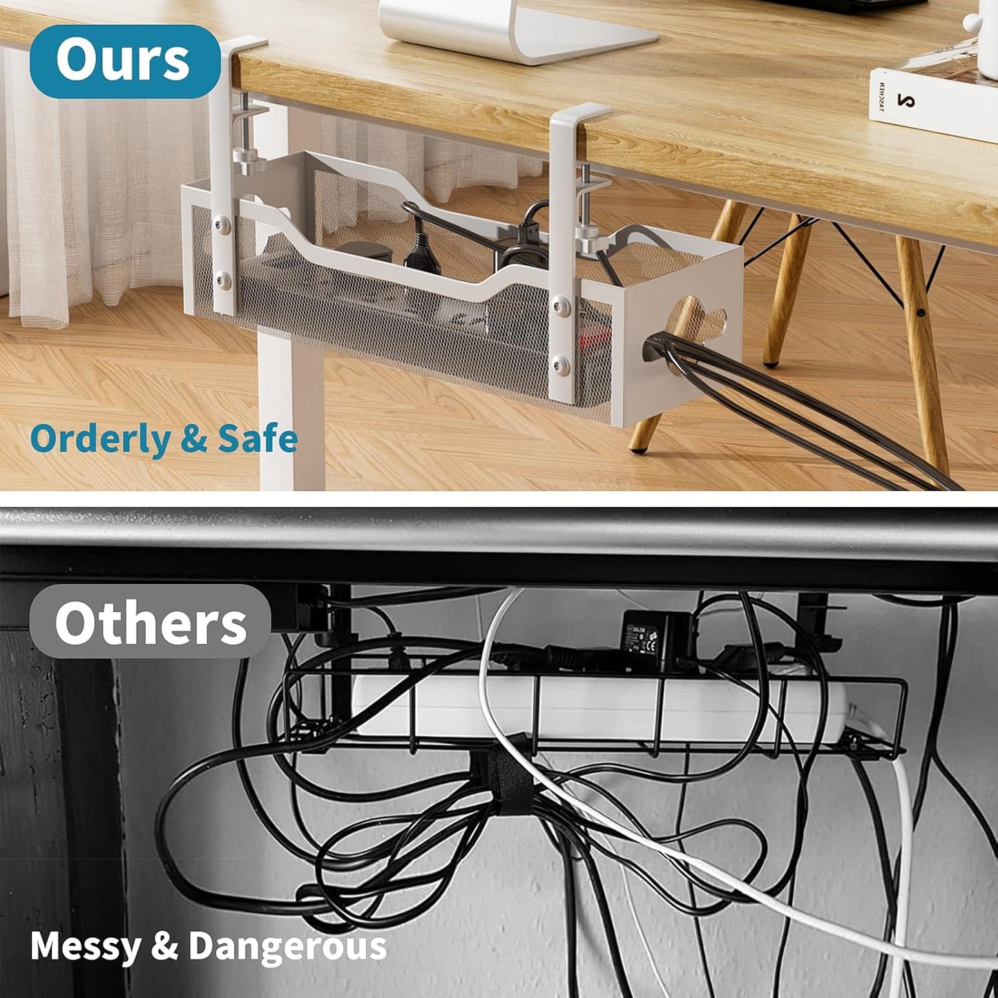 Under Desk Cable Management Tray White, Litwaro Cable Management Under Desk No Drill, Cable Organizer with Clamp for Wire Management, Cord Organizer for Office, Home No Damage to Desk