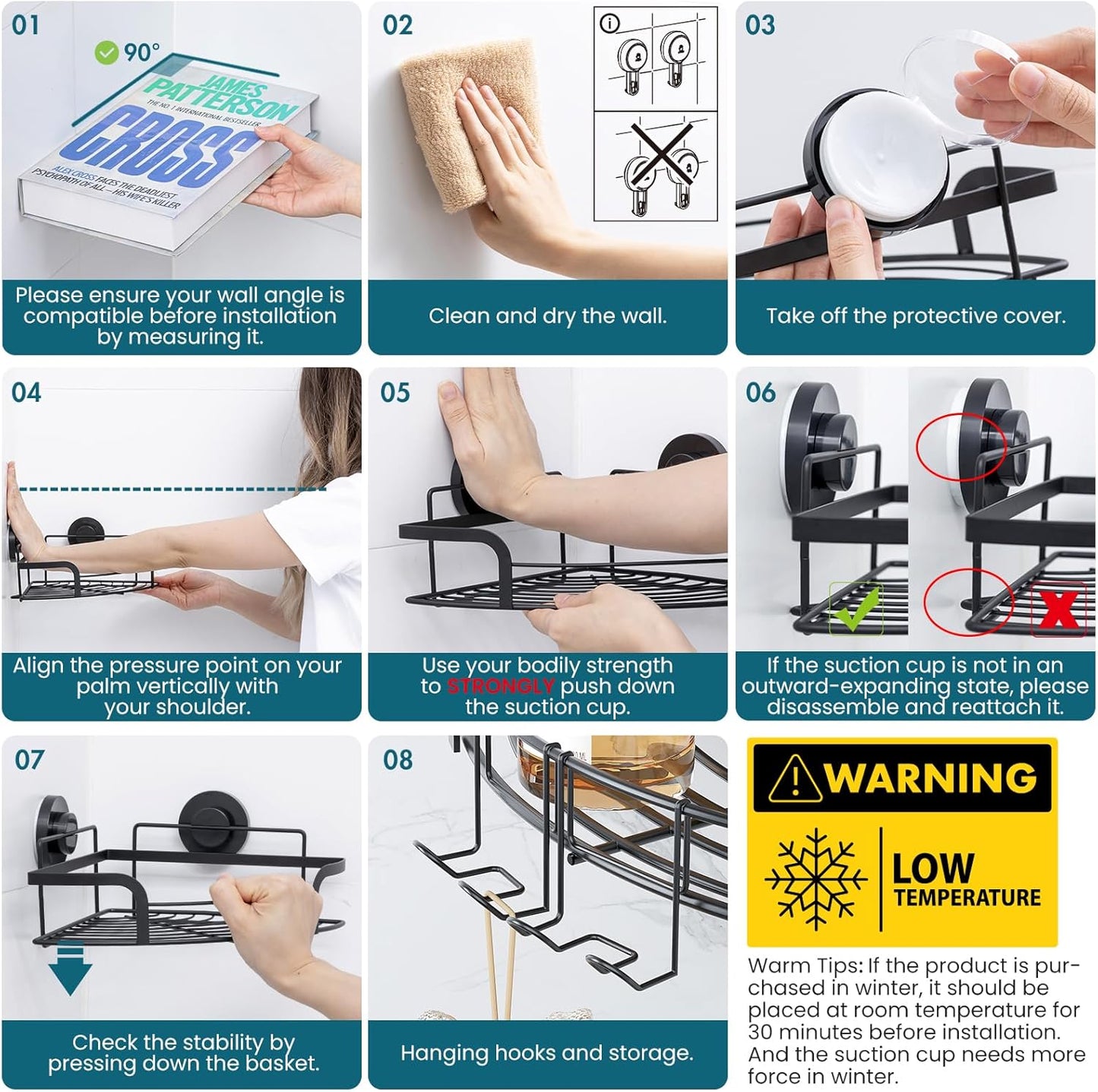 TAILI Powerful Suction Cup Corner Shower Caddy 2 Pack, Stainless Steel Rustproof Shower Shelf with Hook, Drill-free Wall Mounted Basket, Large Capacity Removable Suction Cup Bathroom Organizer, Black