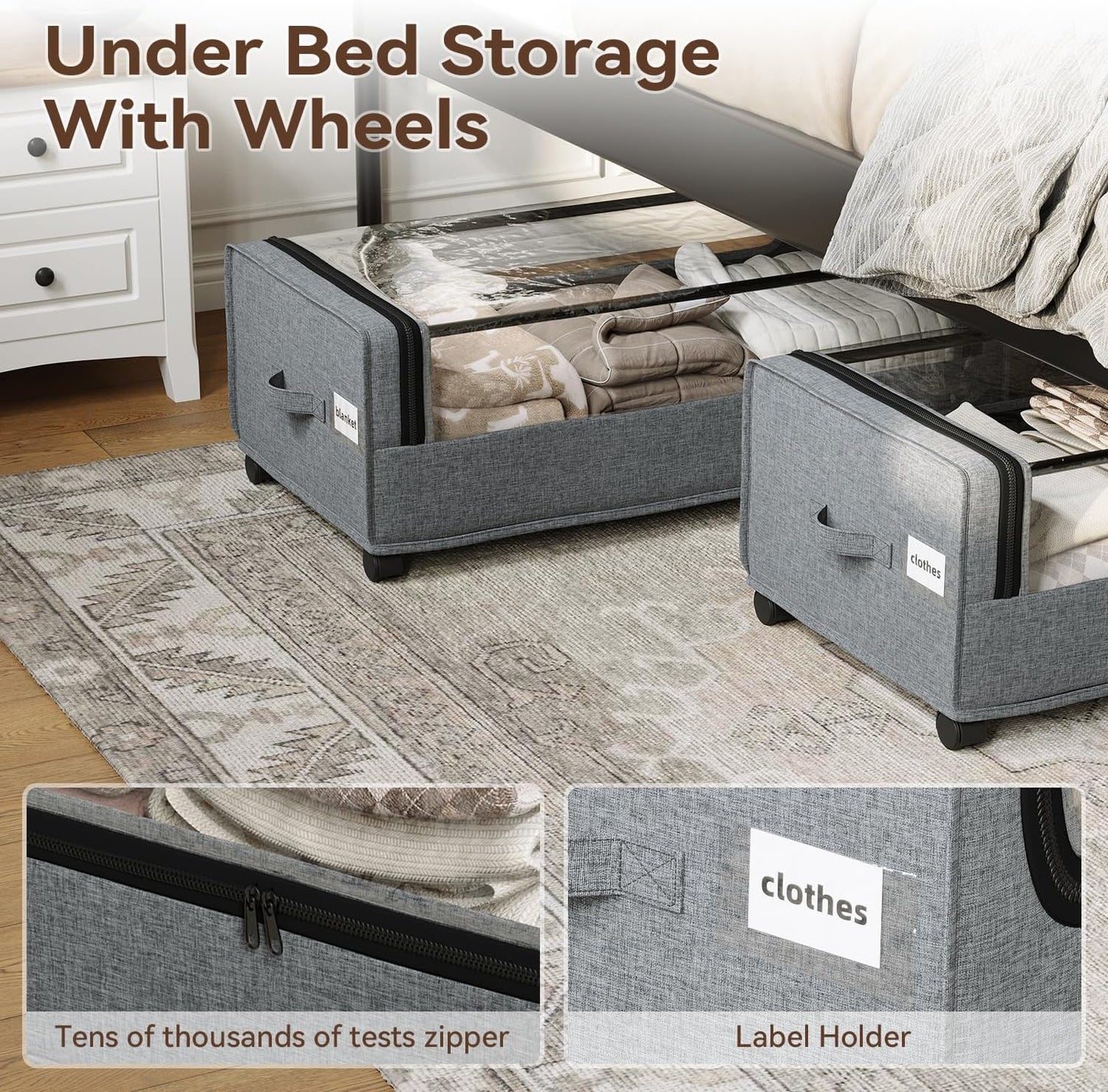 Under Bed Storage With Wheels, XXXXL Size, Tall Under The Bed Storage Drawers, Underbed Shoe Storage Organizer, Metal Frame, Large Size, 90L