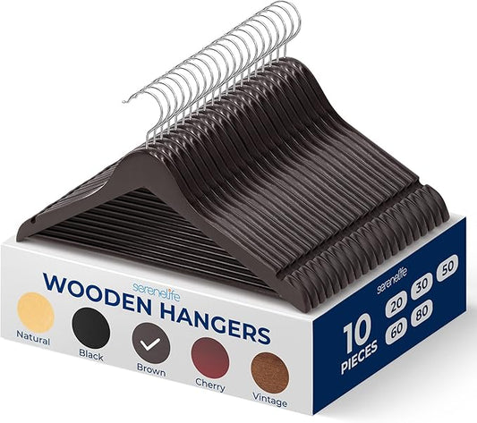 SereneLife 10-Pack Wooden Coat Hangers – Durable Suit Hangers with 360° Swivel Hook & Notches – Slim Design for Sweater, Shirts, Jackets, Dresses, and More