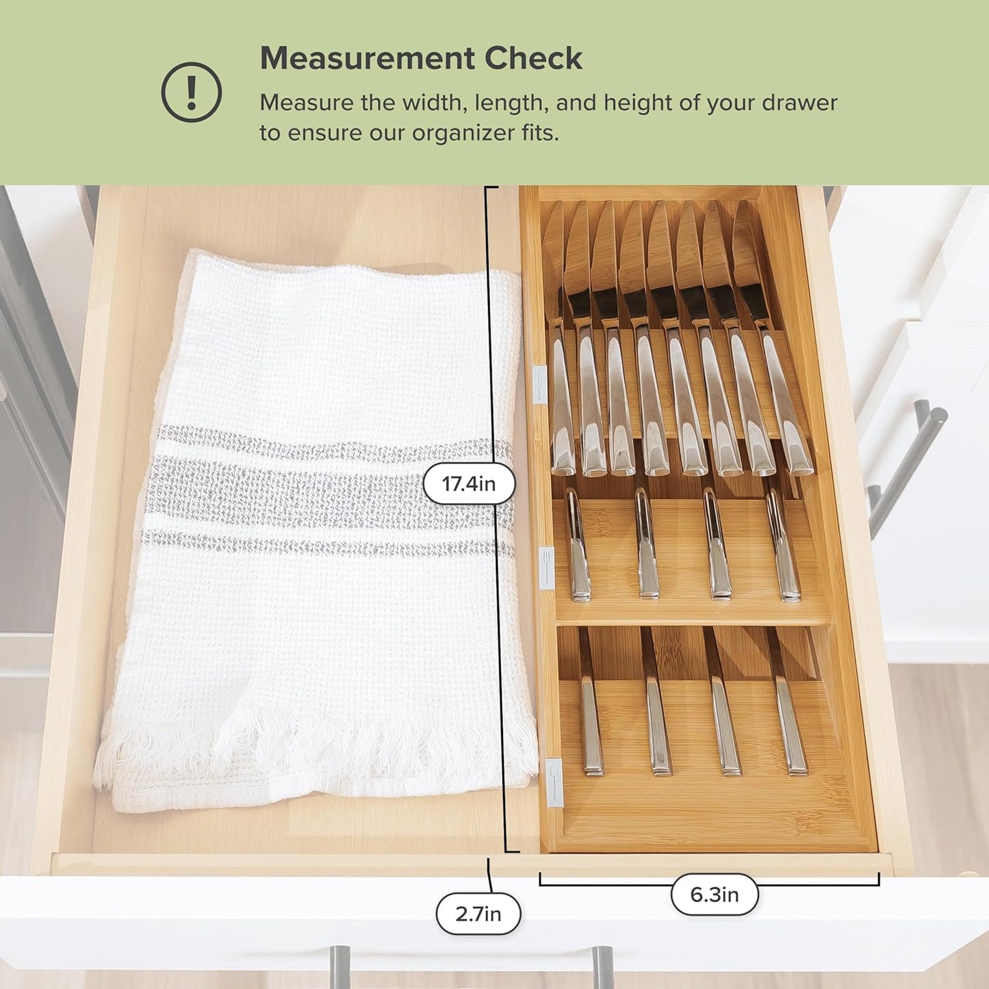 KitchenEdge Premium Cutlery, Flatware, and Silverware Drawer Organizer – Slanted 3-Compartment Design with Labeled Slots, Non-Slip Feet, 100% Sustainable Bamboo