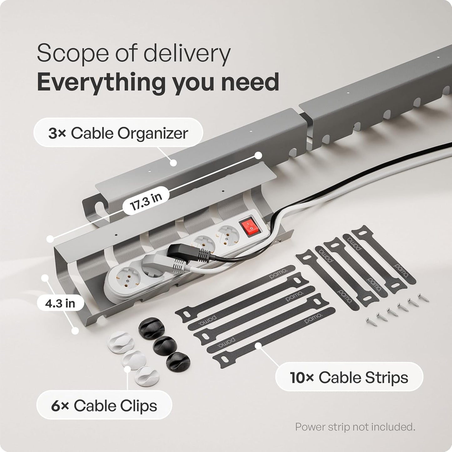 PAMO Cable Management Under Desk for Easy mounting Under-Table I Set of 3 - with 10X Cable Ties I Desk Organizer for Office/Home Office Table Thoughtful Cable Tray Holder