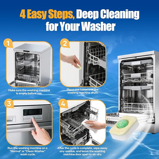 Dishwasher Cleaner Tablets - Dishwasher Cleaner And Deodorizer Tablets Lemon Scented, Heavy Duty Deep Clean Descaler Pods for Septic Safe, Prevents Buildup & Odor, Natural Limescale Remover (32 Pack)