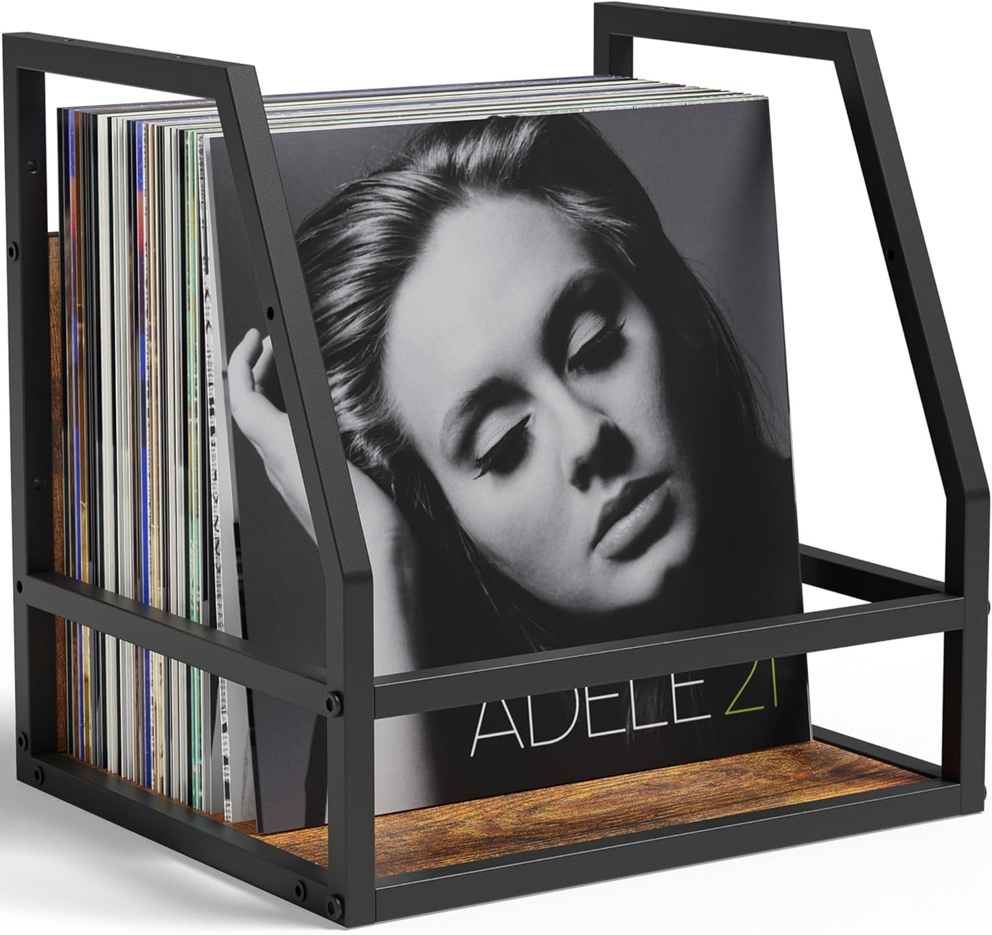 Y&M 2 In 1 Vinyl Record Storage Crate, 1PC Wood LP Holder, Wall Mount or Desktop Metal Album Organizer, Holds 80+ Records, Multifunctional Stackable Magazine Display Shelf, Brown