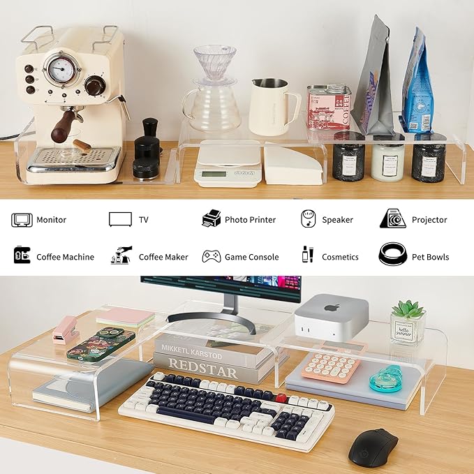 Acrylic Monitor Stand , Clear Monitor Stand for Desk, Computer Accessories for Home Office, Desk Organizer Shelf for Laptop, PC, Multi Media and more