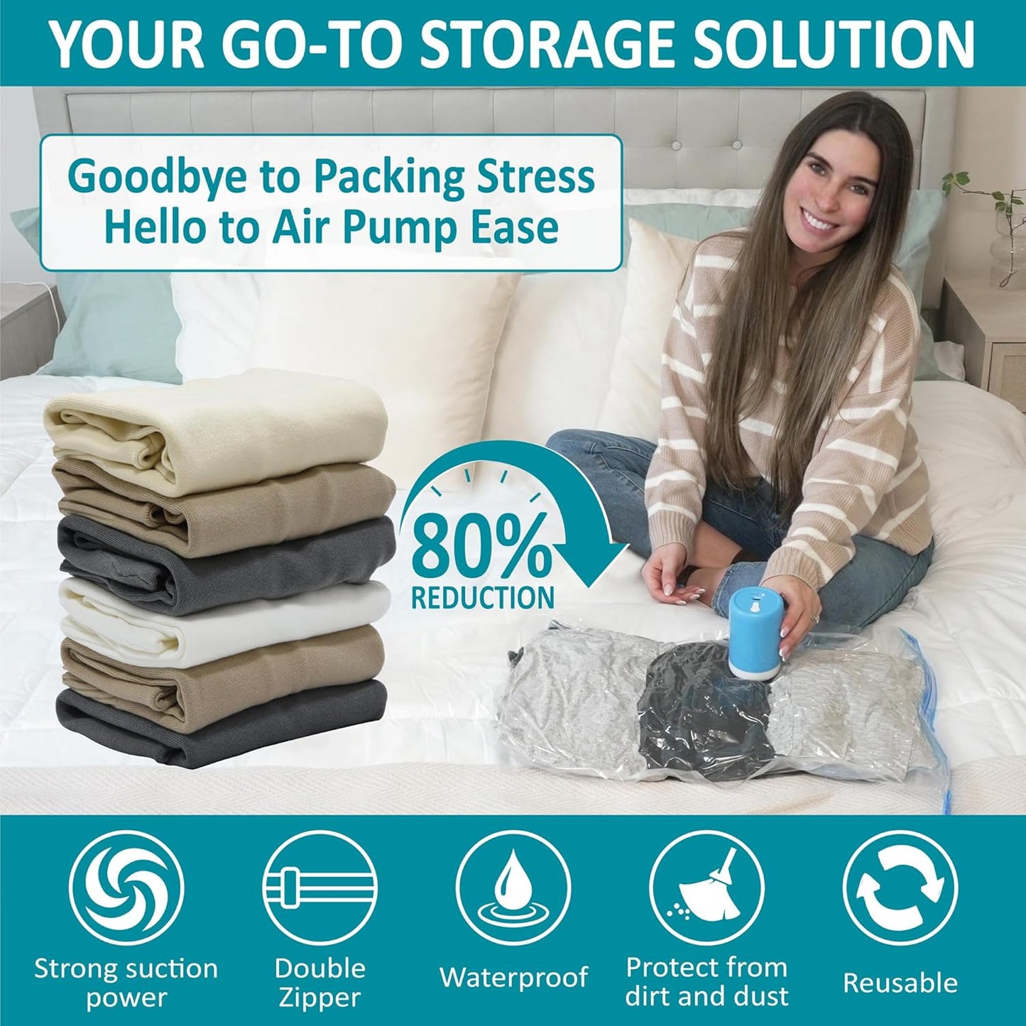 Cozy Essential 26 Pack Vacuum Storage Bags with Portable Electric Pump, Vacuum Seal Space Saver Bags for Clothing, Pillows, Blanket, Bedding, Comforters