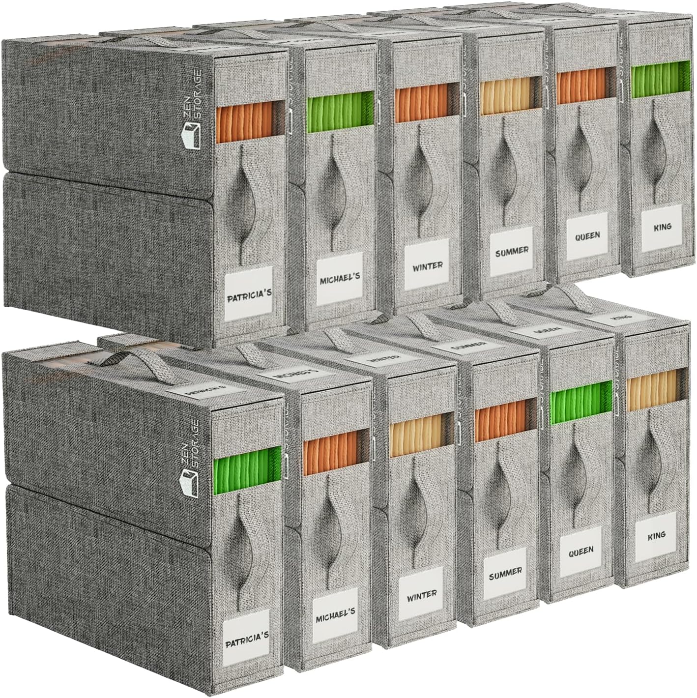 12Pack Sheet Organizers and Storage - King/Queen Size Sheet Storage Organizer with Window, Foldable & Dustproof Sheet Organizer for Linen Closet for Summer Blankets & Sheet Sets,Grey