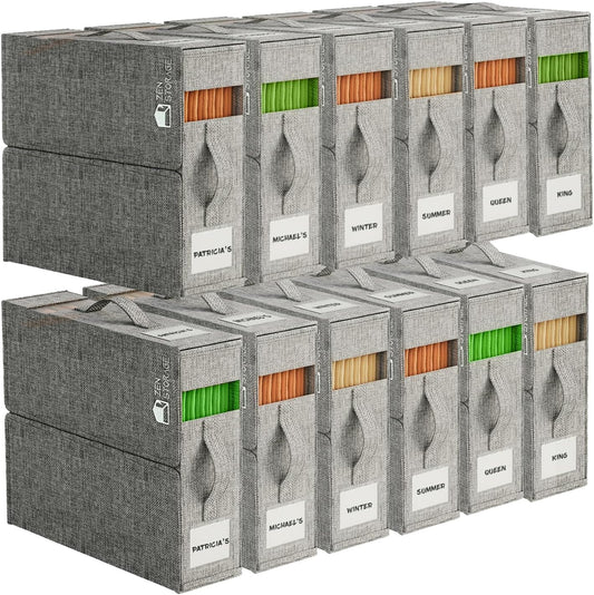 12Pack Sheet Organizers and Storage - King/Queen Size Sheet Storage Organizer with Window, Foldable & Dustproof Sheet Organizer for Linen Closet for Summer Blankets & Sheet Sets,Grey