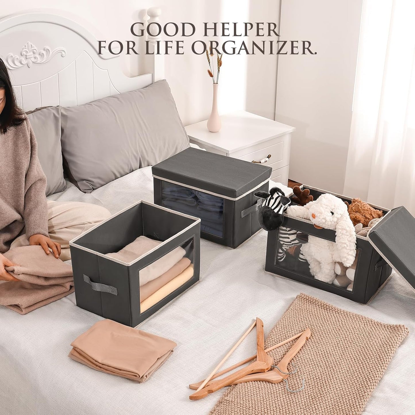 Stackable Storage Bins with Lids - Medium Storage Box with Lids, Foldable Closet Boxes for Organizing, Wardrobe Clothes Organizer with Window, Cubes Bins for Living Room, 5 Pack, Dark Grey