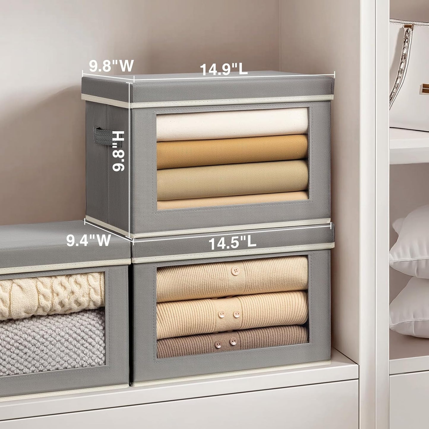 Clothes Organizers and Storage - 6 Pack Large Storage Box with Lids, Foldable Closet Organizer with Lids, Decorative Basket Bins for Home, Dorm, Closet, Grey