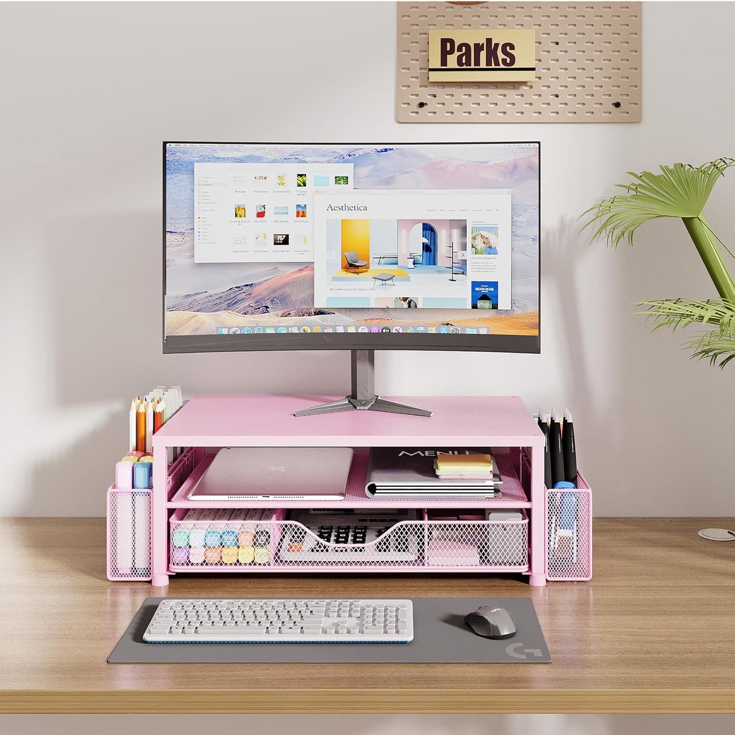 Desk Organizers and Accessories, 2-Tier Computer Monitor Stand Riser with Drawer and 2 Pen Holders, Laptop Stand, Office Desk Accessories & Office Decor for Women, Pink