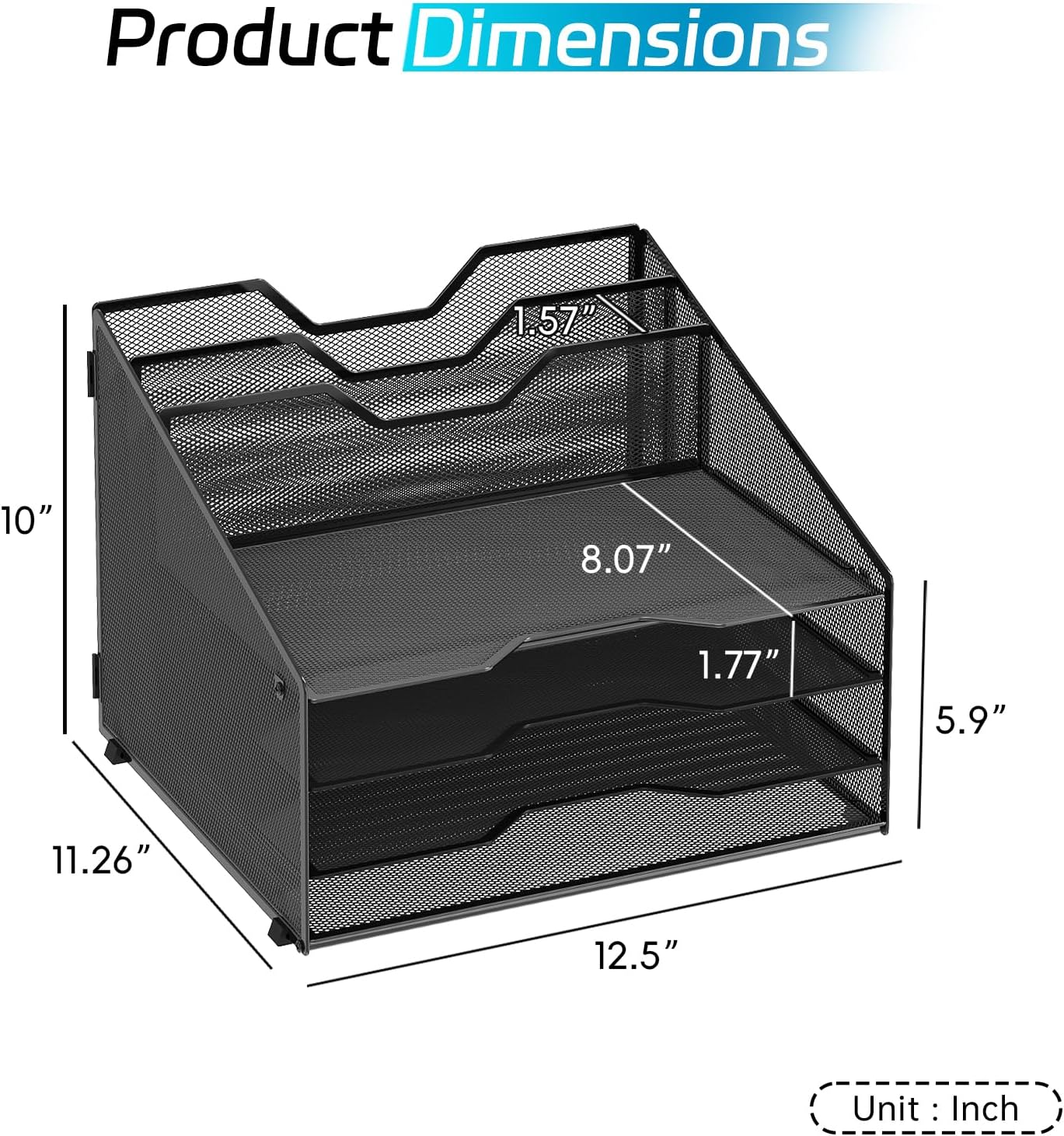 Desk File Organizer, Paper Organizer with 4 Letter Trays and 2 Vertical Upright Sections, Desk Organizers and Accessories for Office, School, Home, Black