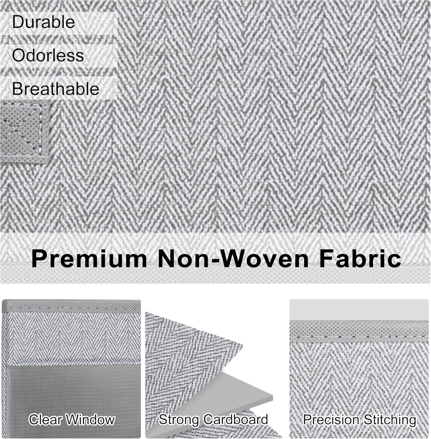 WUIKE Closet Storage Bins, Medium Storage Boxes with Clear Window, Fabric Storage Baskets for Organizing Clothes, Sheets, Blankets, Decorative Storage Bins, Herringbone Gray
