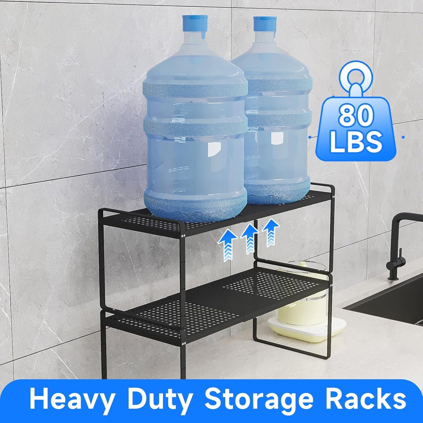 Expandable Kitchen Shelf Organizers, Kitchen Cabinet Organizer Stand Rack Organization for Countertop Cupborad Pantry, Black 1 Pack