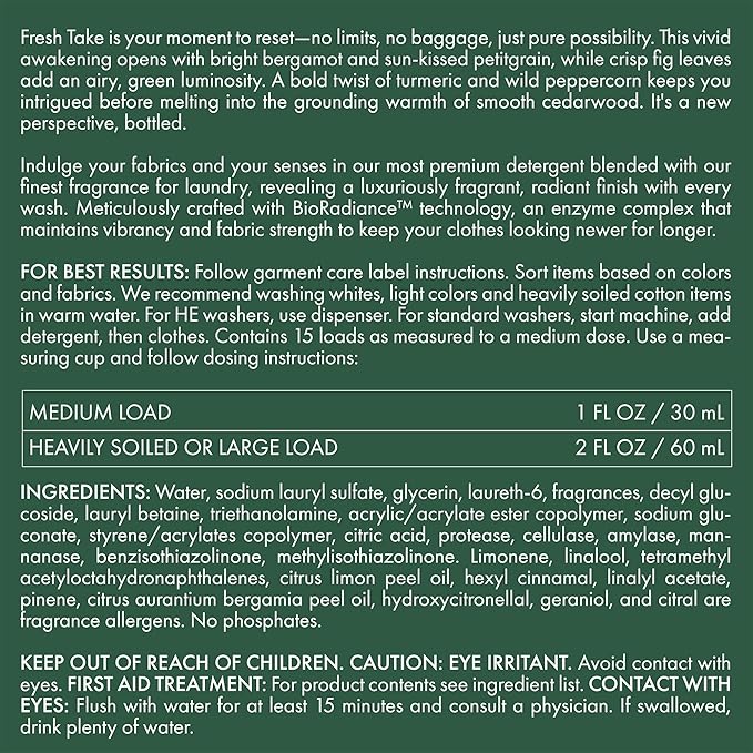 The Laundress Fresh Take Luxury Laundry Detergent, Long-lasting Green Citrus Fragrance up to 7 Days of Scent, BioRadiance Enzyme Technology, Keep Clothes Vibrant for Longer, USDA Biobased, 15 Loads