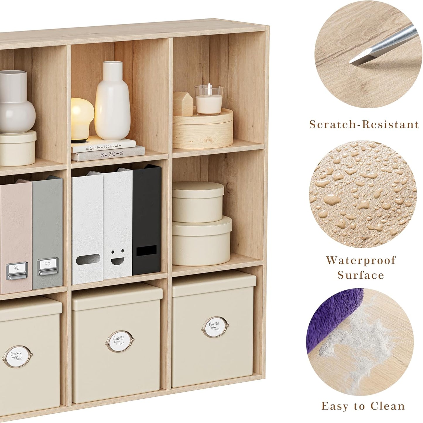 Wooden Storage Organizer with Closed Back Panel, 11in Cube Shelf Opening, Bookshelf, Display Shelf,Closet Cabinet for Home and Office (White Oak, 9-Cube 35.98L*9.45W*35.91H)