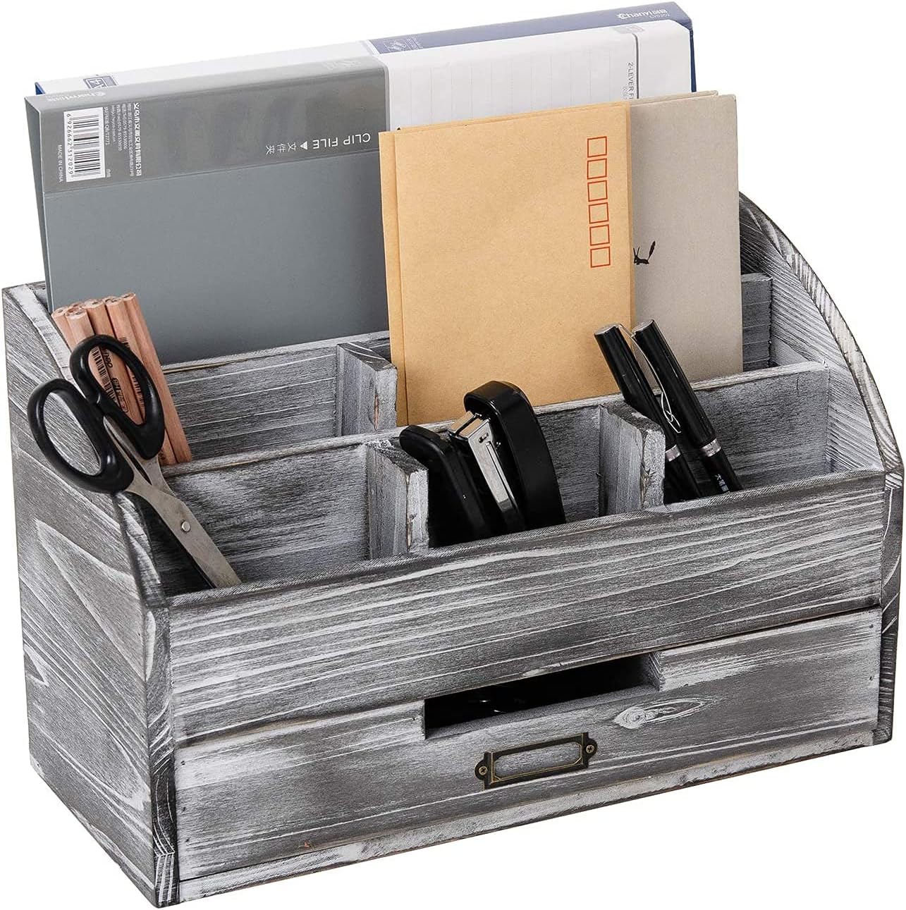 VERGOODR Rustic Wooden Office Desk Organizer 5 Compartment with 2 Drawer &Counter Home Tabletop Desktop Jewelry Mail Rack Storage Box for Pens Notebooks Folders Pencils (Grey white)
