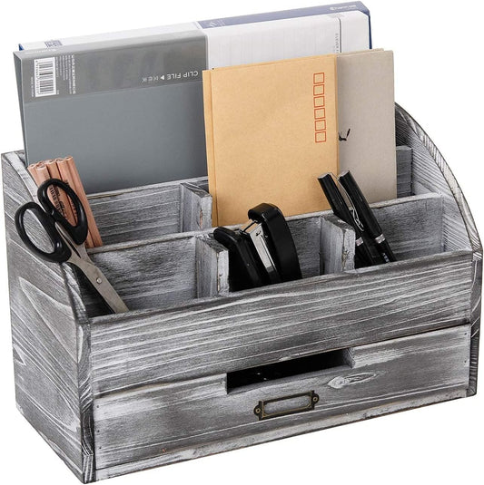 VERGOODR Rustic Wooden Office Desk Organizer 5 Compartment with 2 Drawer &Counter Home Tabletop Desktop Jewelry Mail Rack Storage Box for Pens Notebooks Folders Pencils (Grey white)