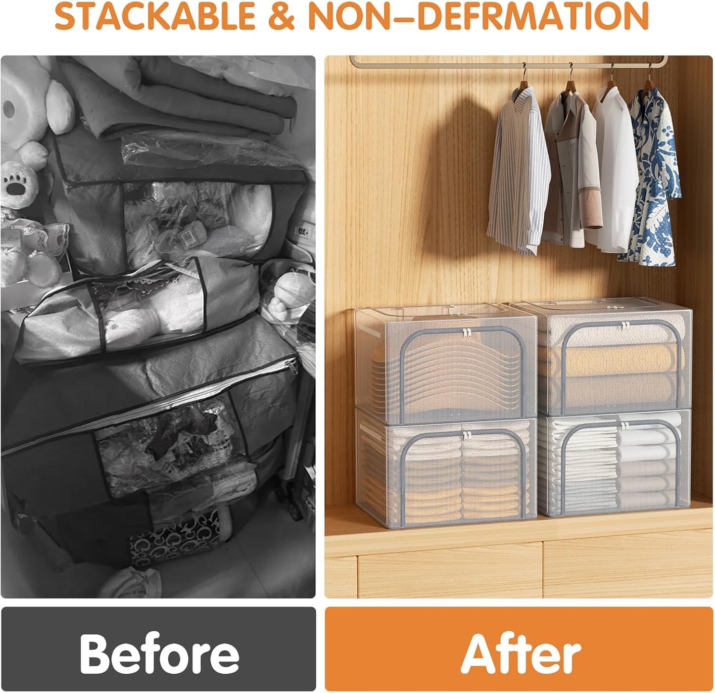 Large size 66L Fully Transparent Openings Clothes Storage Bins with Metal Frame, Stackable & Foldable Storage Box with Lids, Closet Organizers, Cap, Sweater.(19.7x 15.75 x 13 Inches)