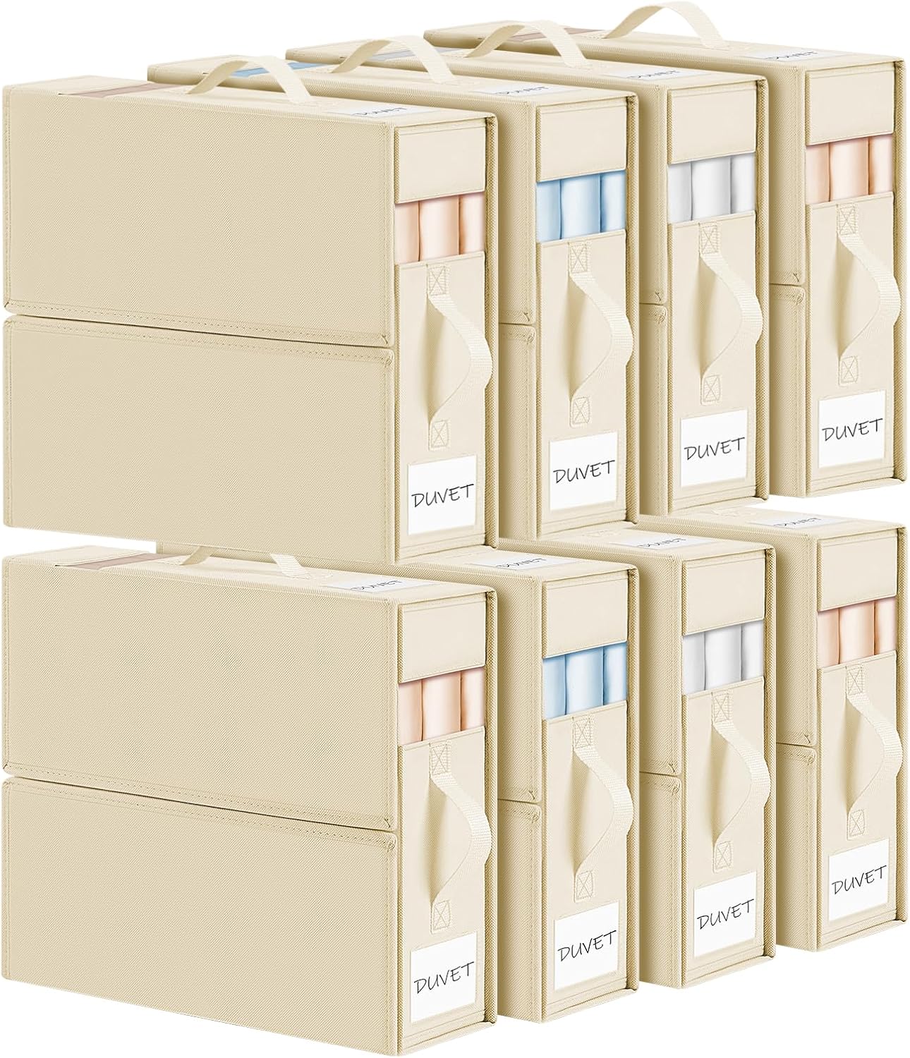 DIMJ Bed Sheet Organizers and Storage 8 Pack - Foldable Sheet Organizer for Linen Closet, Bedding Storage Box for organization, Sheets Set Folder Keeper with Window(King & Queen Size), Beige