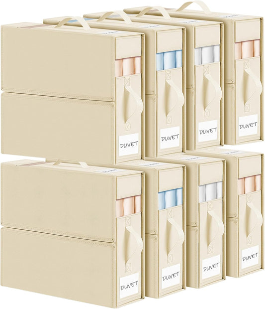 DIMJ Bed Sheet Organizers and Storage 8 Pack - Foldable Sheet Organizer for Linen Closet, Bedding Storage Box for organization, Sheets Set Folder Keeper with Window(King & Queen Size), Beige