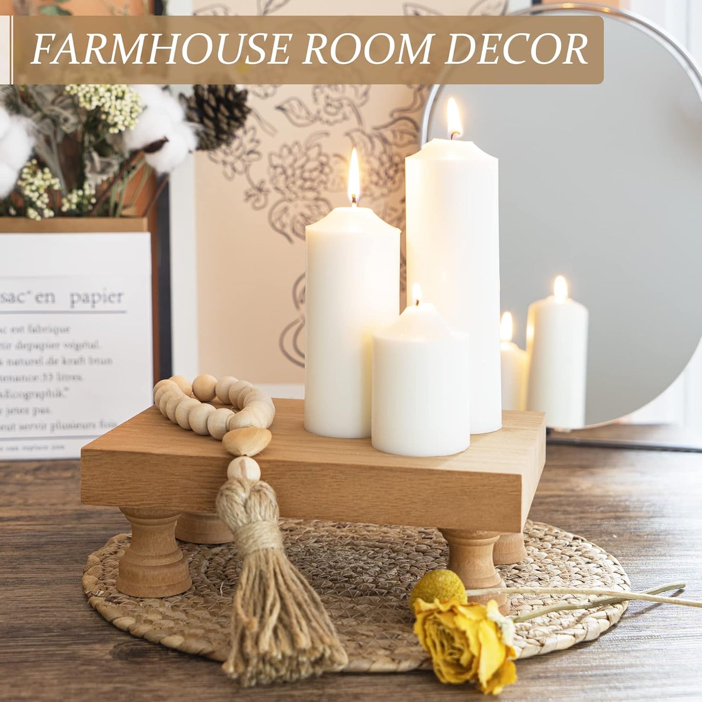 EOSAHR Modern Farmhouse Wood Riser for Display : Decorative Pedestal Stand for Home & Kitchen Decor and Retro Soap Stand for Sink - Rustic Bathroom Counter Tray and Countertop Organizer (Light Brown)