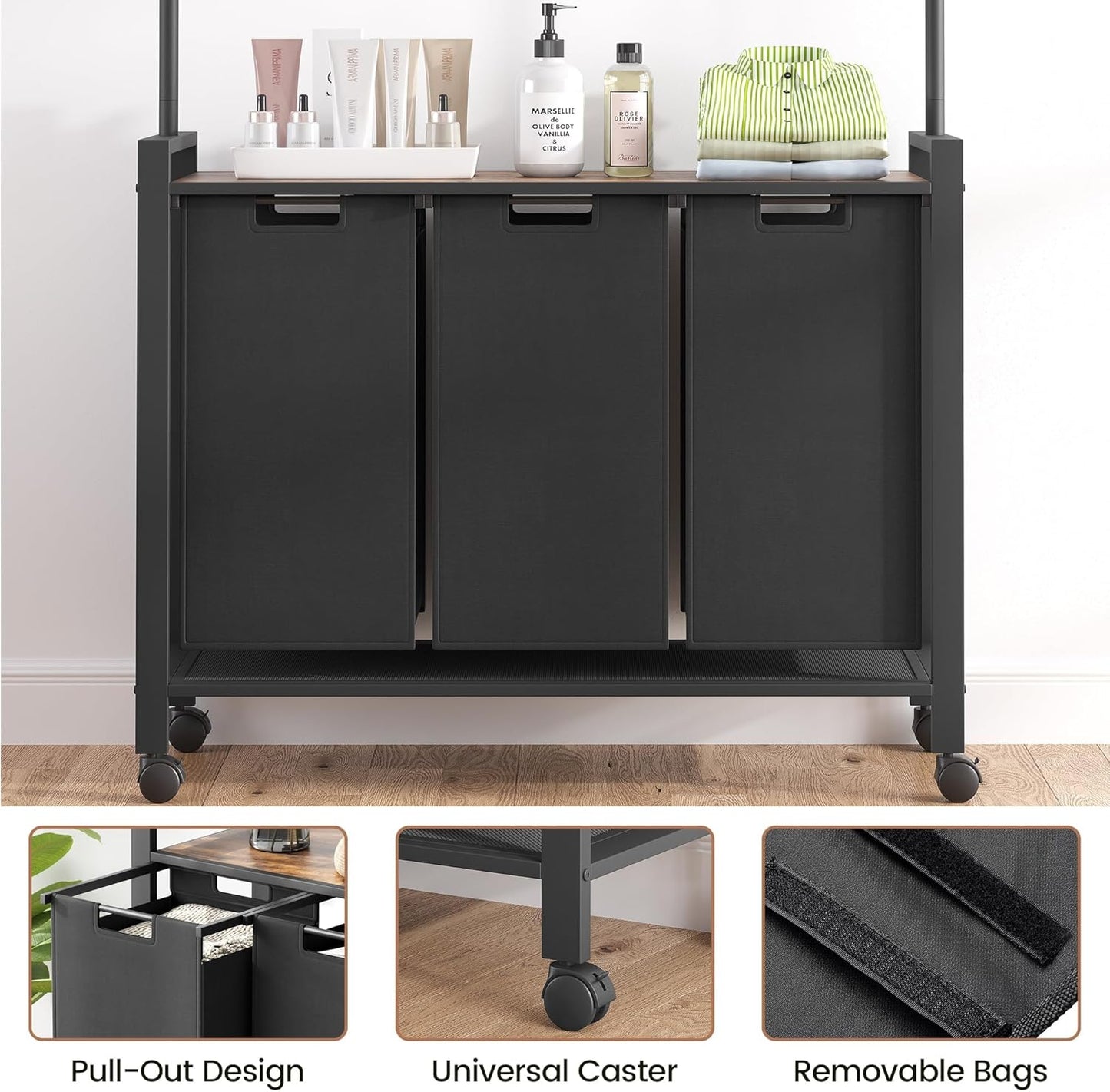 Laundry Sorter 3 Section With Extendable Hanging Bar, Heavy Duty Laundry Basket With Rolling Lockable Wheels And Shelf, Laundry Room Organization And Storage