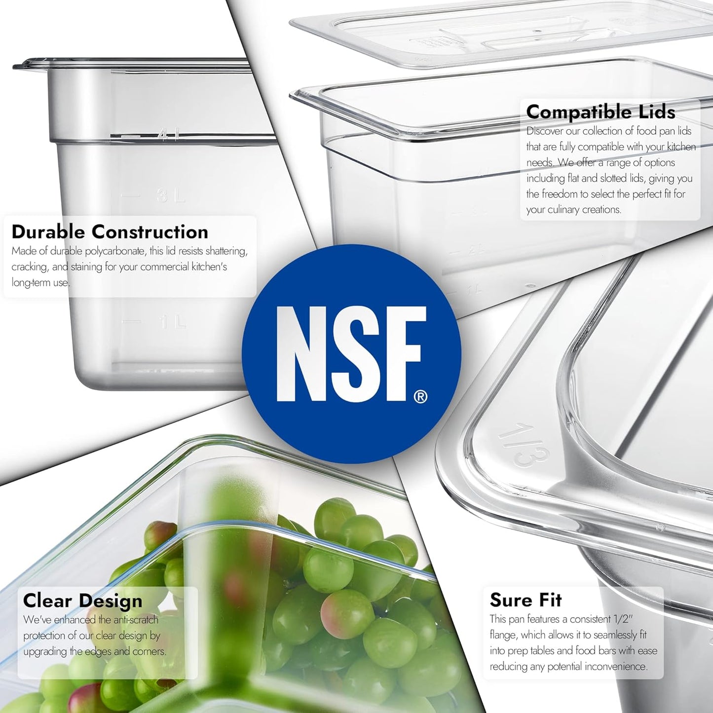 CURTA 6 Pack NSF Food Pans, 1/3 Size 6 Inch Deep, Commercial Polycarbonate Plastic Clear Freezer-Safe