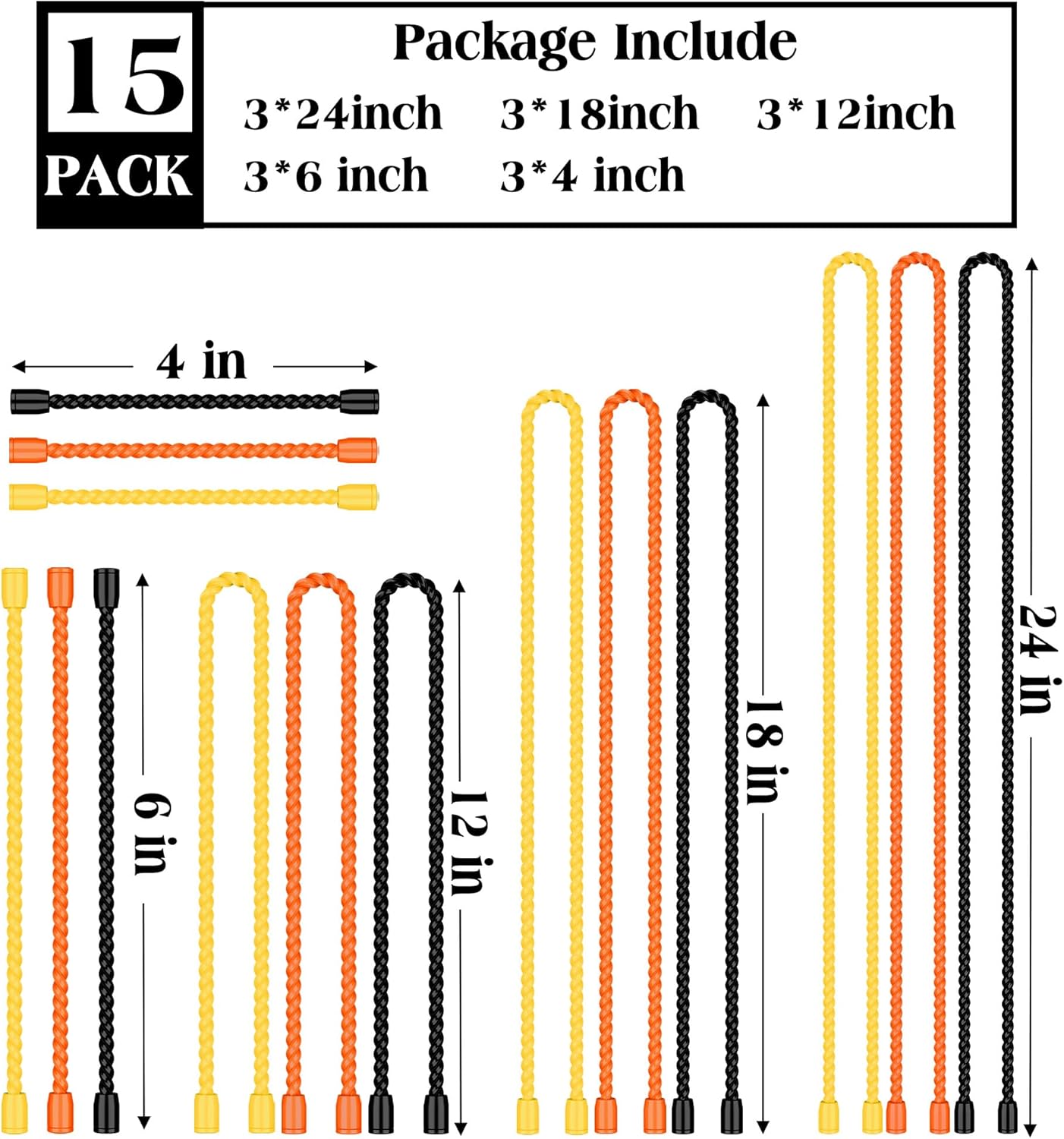 15 Pack 4-Inch, 6-Inch, 12-Inch, 18-Inch, 24-Inch Silicone Cable Ties - Reusable, Bendable Rubber Twist Ties to Organize & Bundle Cords, Wires (3 Colors)