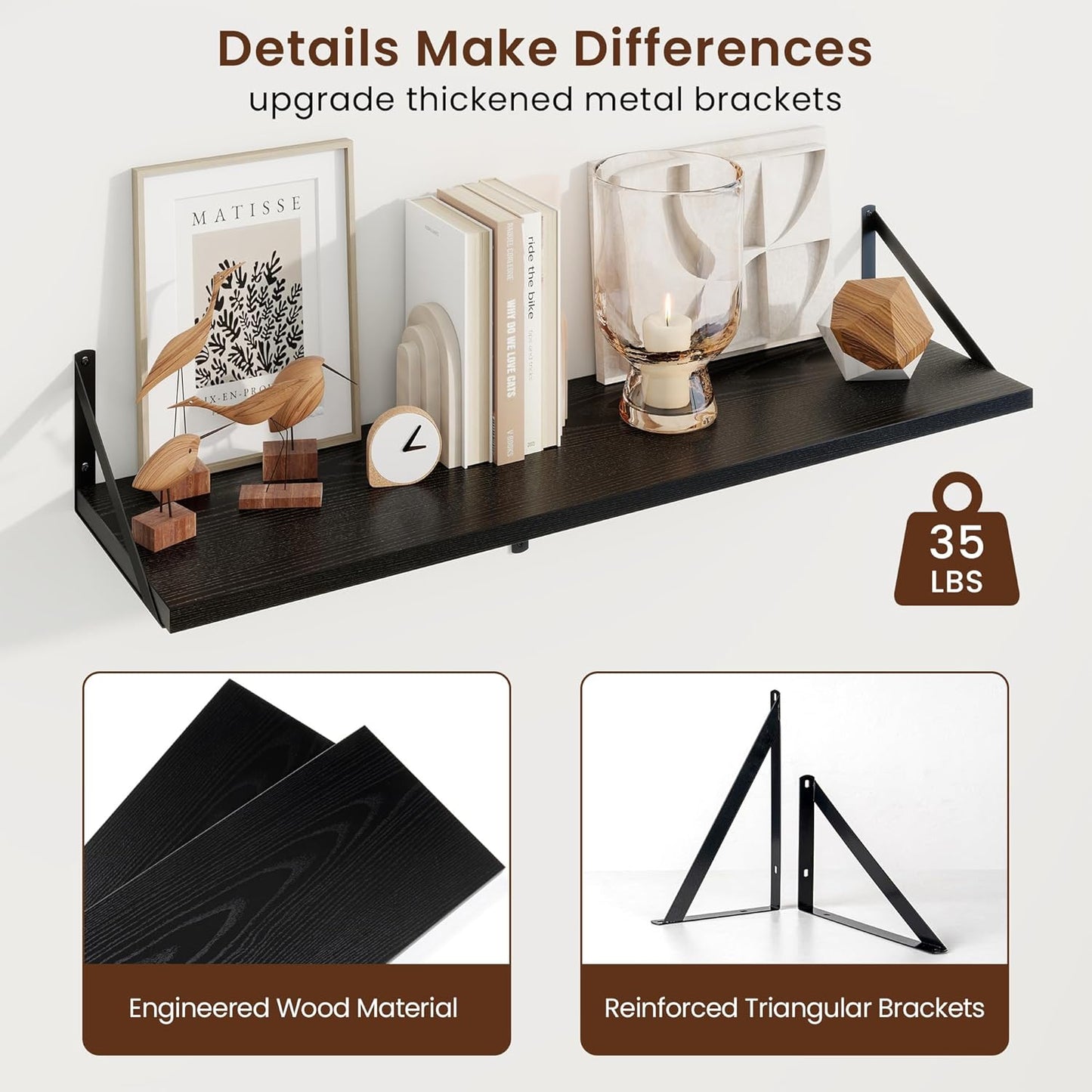 Axeman Black Floating Shelves for Wall - 36 Inch Wide x 10 Inch Deep Floating Shelves Set of 2 -Black Wide Wall Shelves for Living Room Bathroom Bedroom