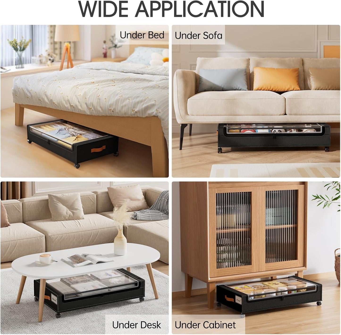 Yecaye 60L Under Bed Storage with Wheels, 2 Pack Under Bed Storage Containers, Underbed Shoe Storage with Clear Window & Label, Rolling Under Bed Metal Drawer for Clothes, Shoes, Books, Black