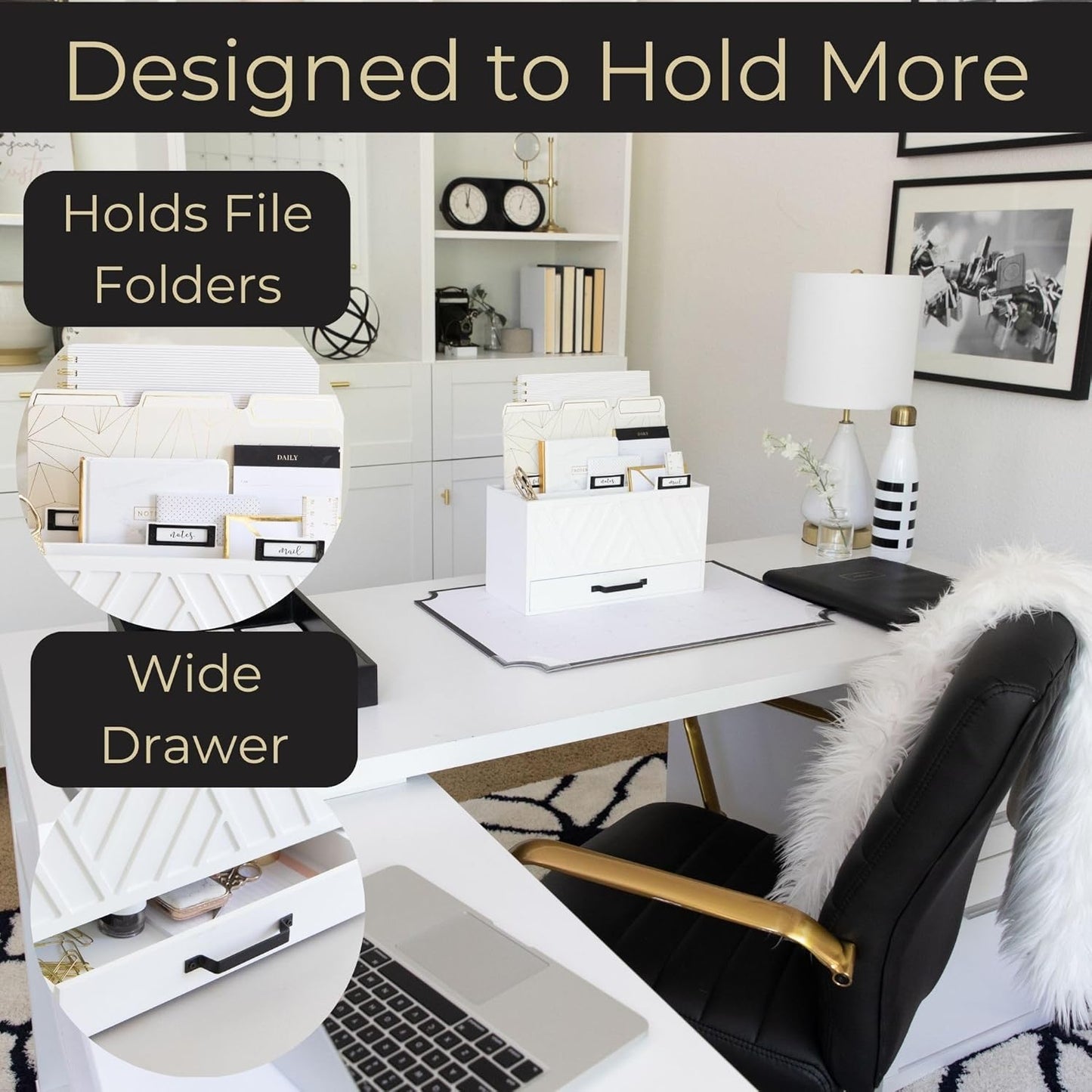 BLU MONACO White Desktop Mail Organizer – Three-Tiered with Gold Label Holders and Drawer – Stylish Mail Holder and Countertop Document Storage for Home or Office