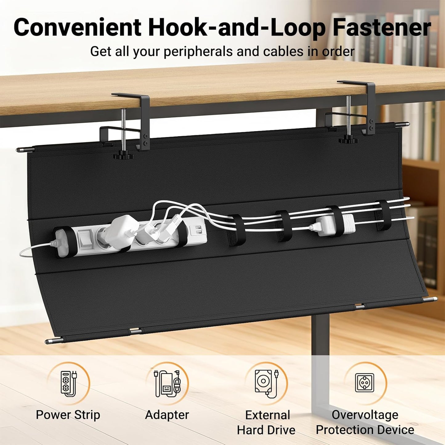 Housolution Under Desk Cable Management Tray, 36'' Longer Cord Management Under Desk, Premium Fabric Cable Storage Organizer, No Drilling Clamp/Screw Mount Cord Organization Tray for Office Home