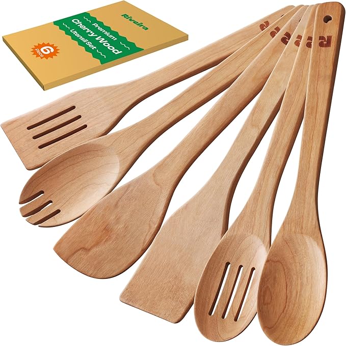 Riveira Cherry Wooden Spoons for Cooking Set of 6 – Natural Cherry Wooden Cooking Utensils, Wooden Spatula, Wooden Spoon - Premium Quality Wooden Utensil Set for Non-Toxic Cooking