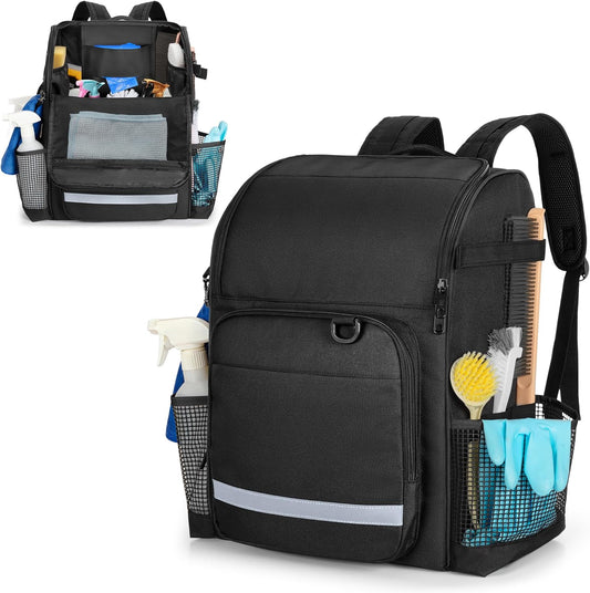 LoDrid Cleaning Bag with Thickened Adjustable Shoulder Straps, Large Cleaning Caddy Organizer with Multiple Pockets for Cleaning and Housework, Black (Patent Designed)