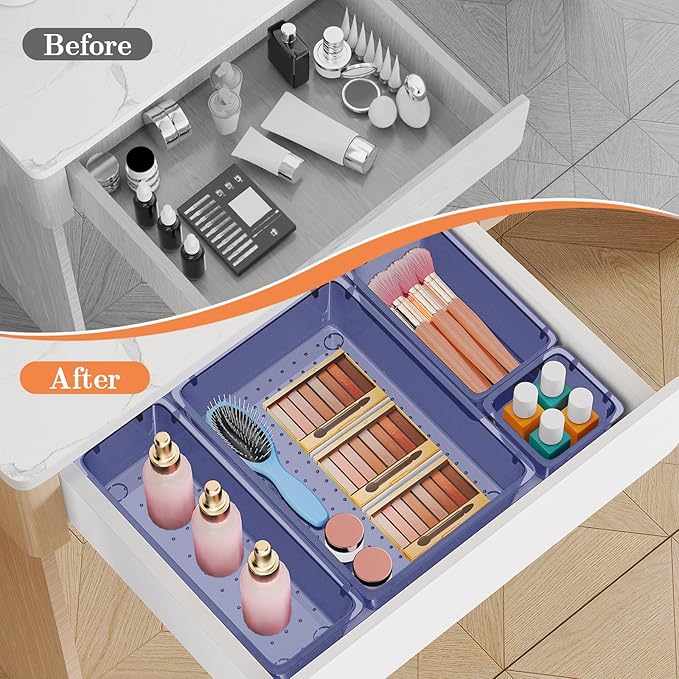 25 PCS Plastic Drawer Organizer Set, 4-Size Versatile Organizer Trays & storage Bins for Makeup, Jewelry, and Gadgets in Bathroom, Bedroom and Office,Dark Blue